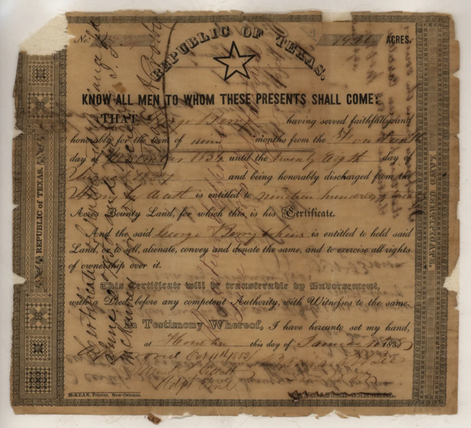 Berry, George Original Cursive Land Grant & Field Notes (Rusk County, Abstract A-143)